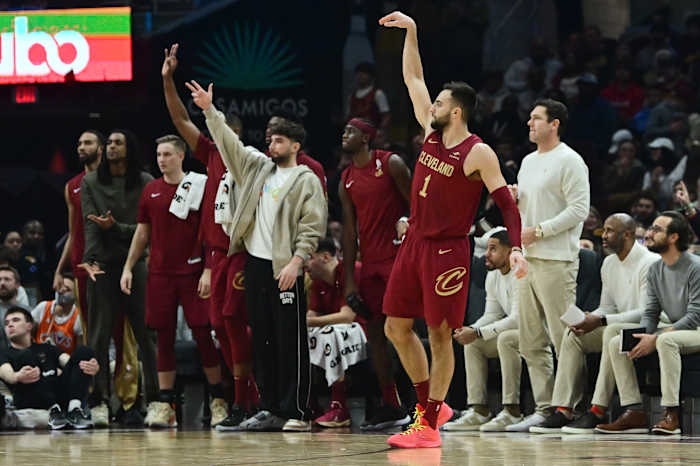 Dec 16, 2023; Cleveland, Ohio, USA; Cleveland Cavaliers guard Max Strus (1) watches as he makes a three point basket during the first half against the Atlanta Hawks at Rocket Mortgage FieldHouse. Mandatory Credit: Ken Blaze-USA TODAY Sports
